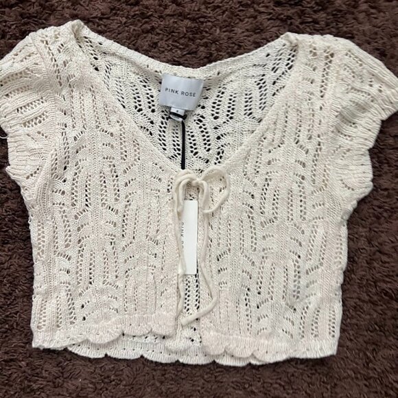 NWT Pink Rose Beige Crochet Short Sleeve Crop Cardigan Size Small NEW - Picture 1 of 8